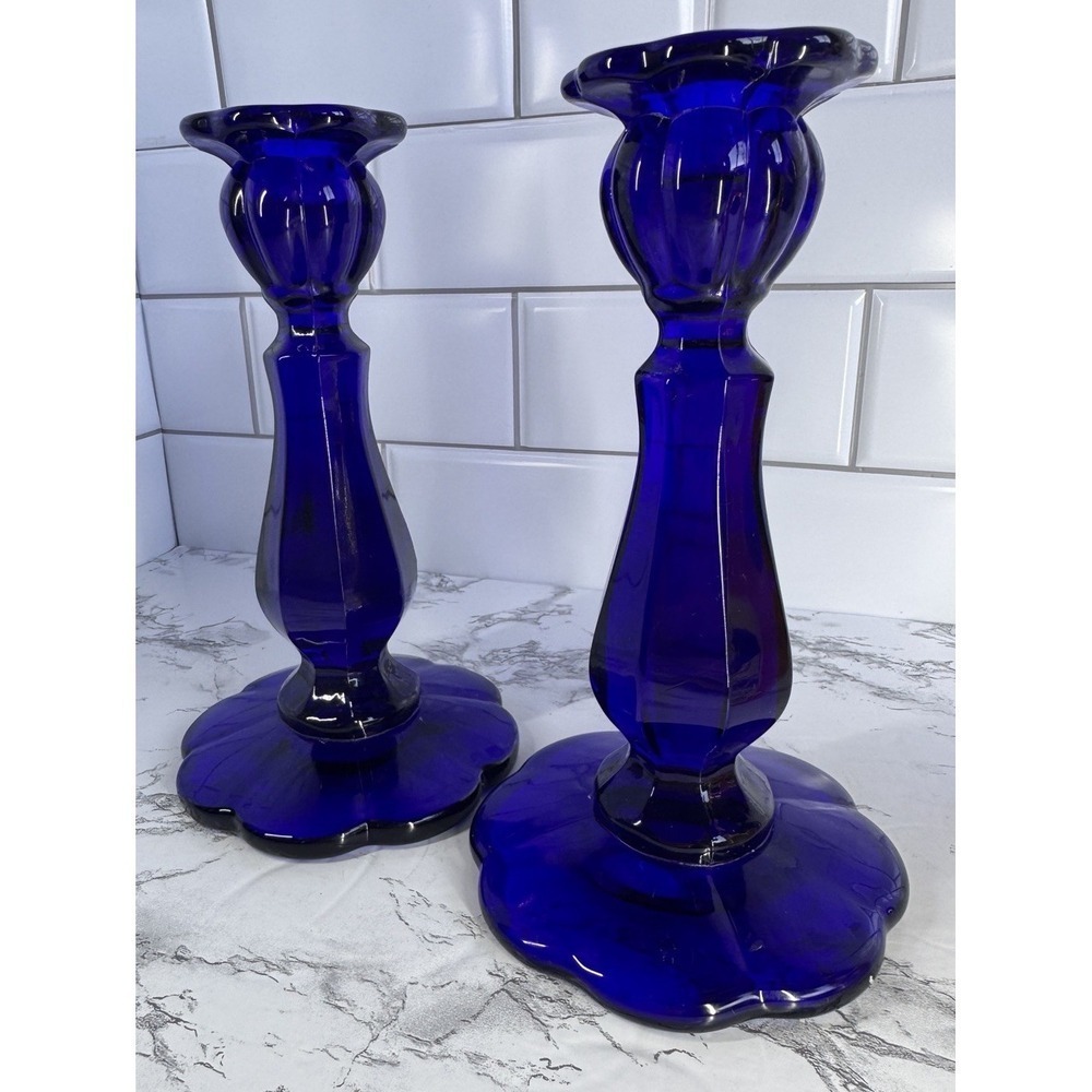 Fenton Cobalt Blue Glass Candlesticks Taper Candleholders 8.5" Cottagecore